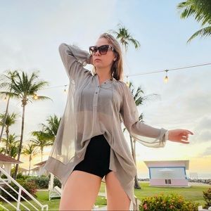 Club Monaco 100% Silk Dress Duster Grey Allover Top Statement Sleeves Blouse